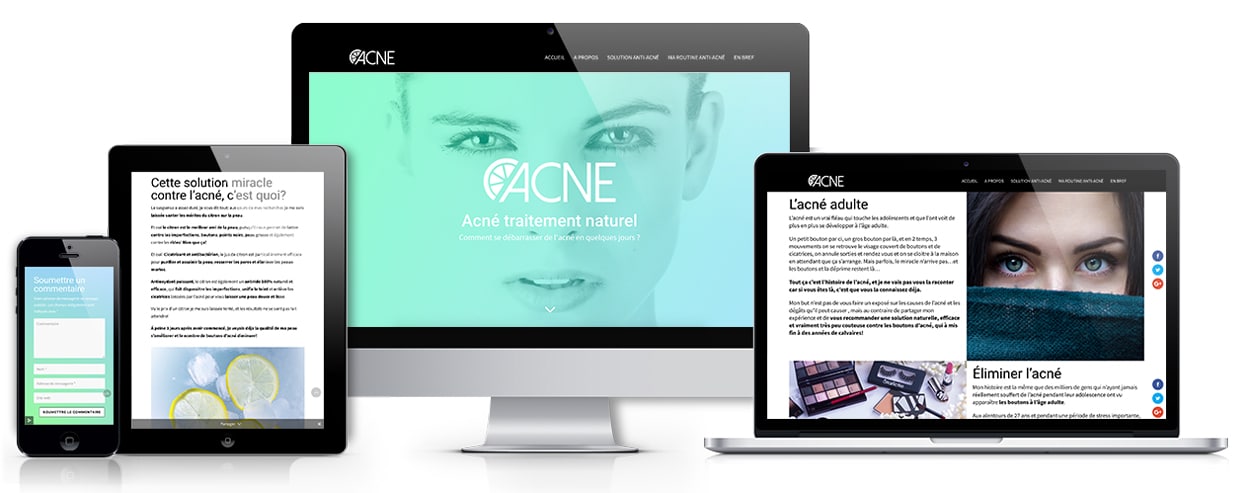 Mockup site internet responsive "acné traitement naturel"